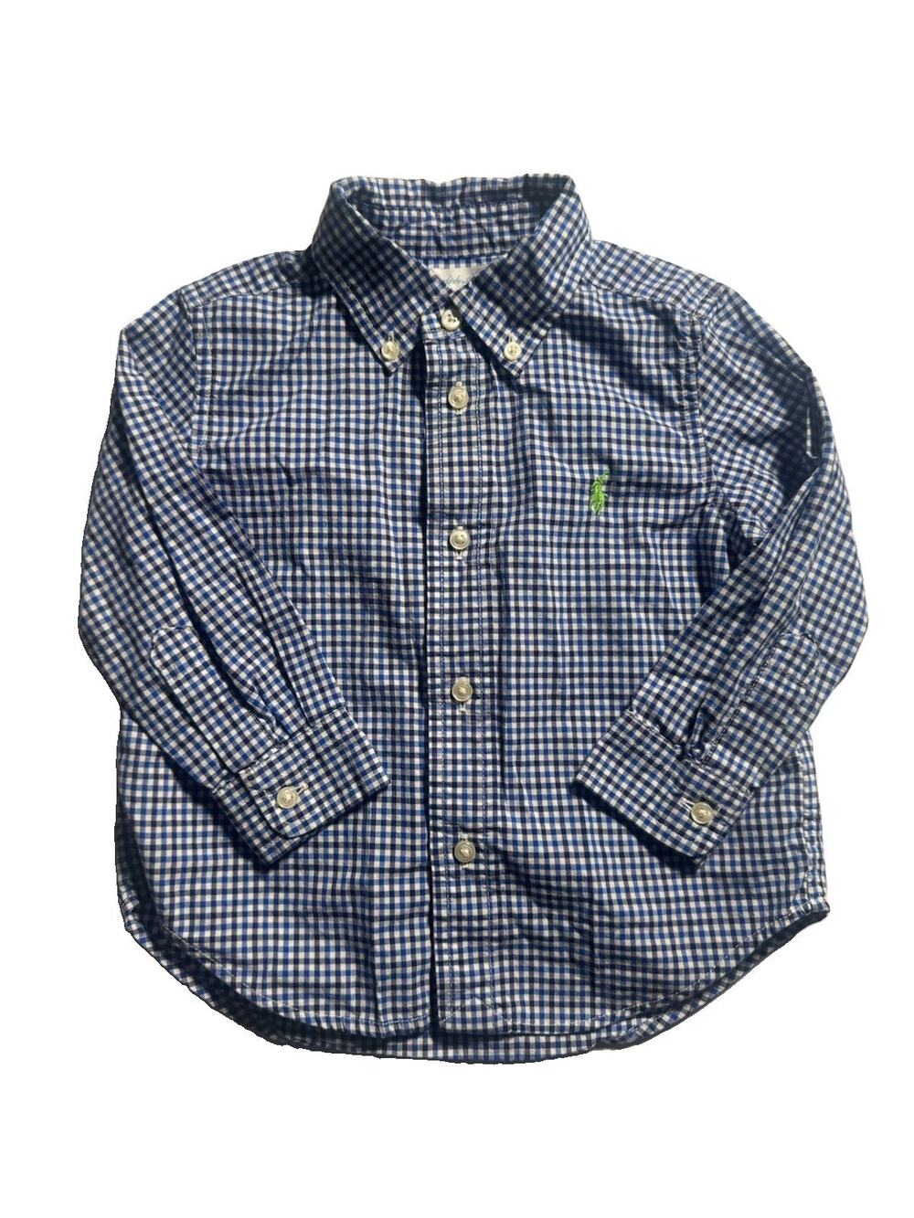 Ralph Lauren Boys 18M Blue White Gingham Button Down Shirt Green Pony